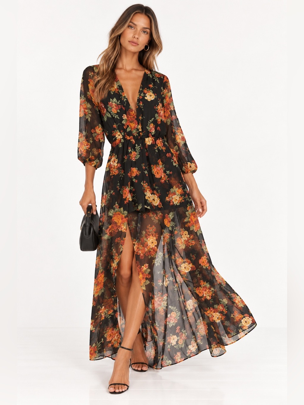 Floral Black High-Low Wrap Dress with Front Slit
